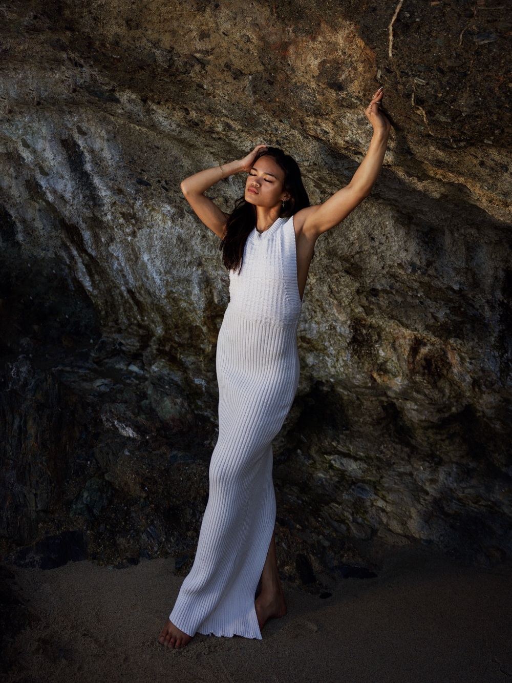 White Ribbed Knit Maxi Dress